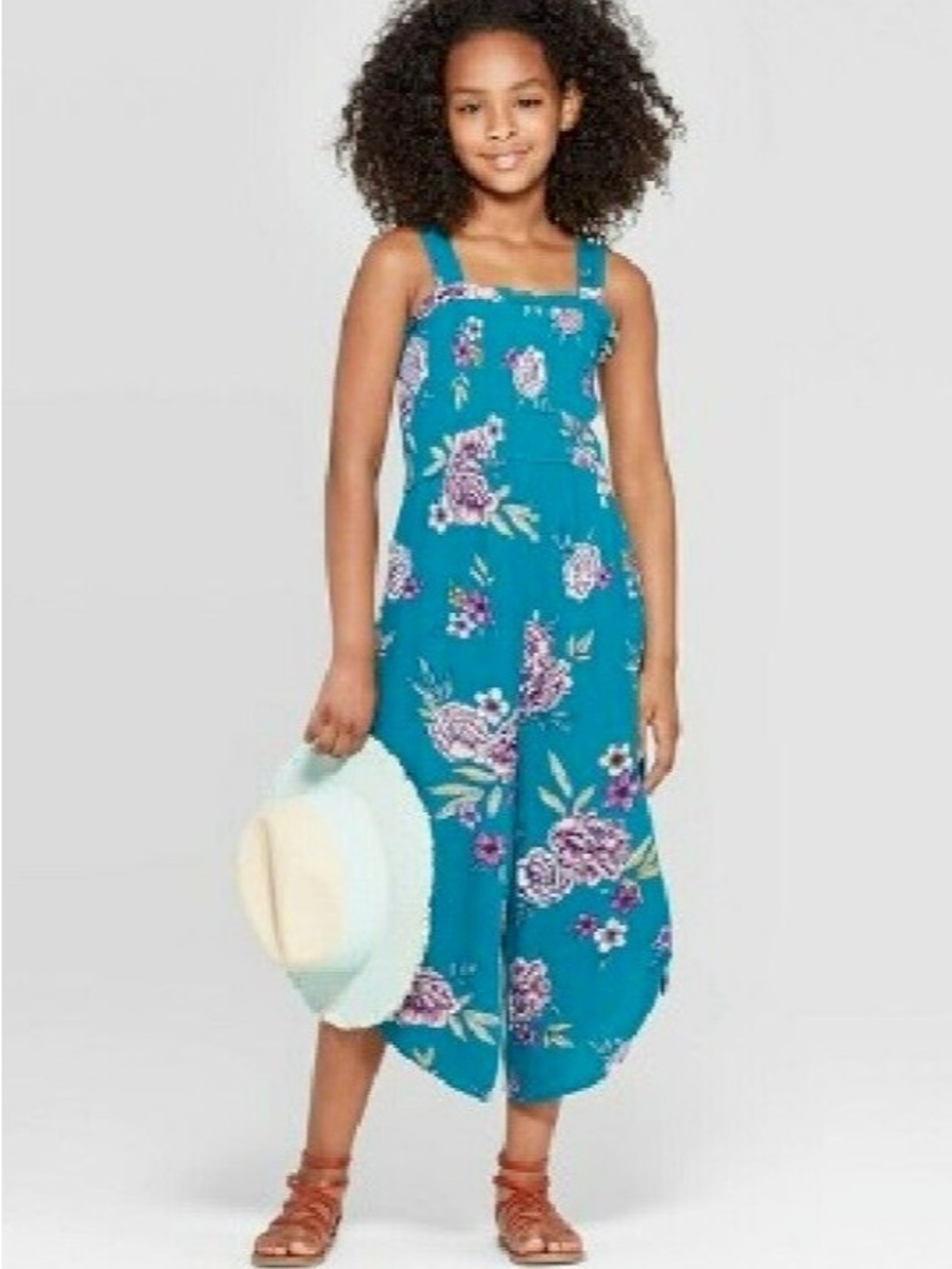 🌸Art Class girls' floral jumper, featuring a smocked bodice and wide-leg XL